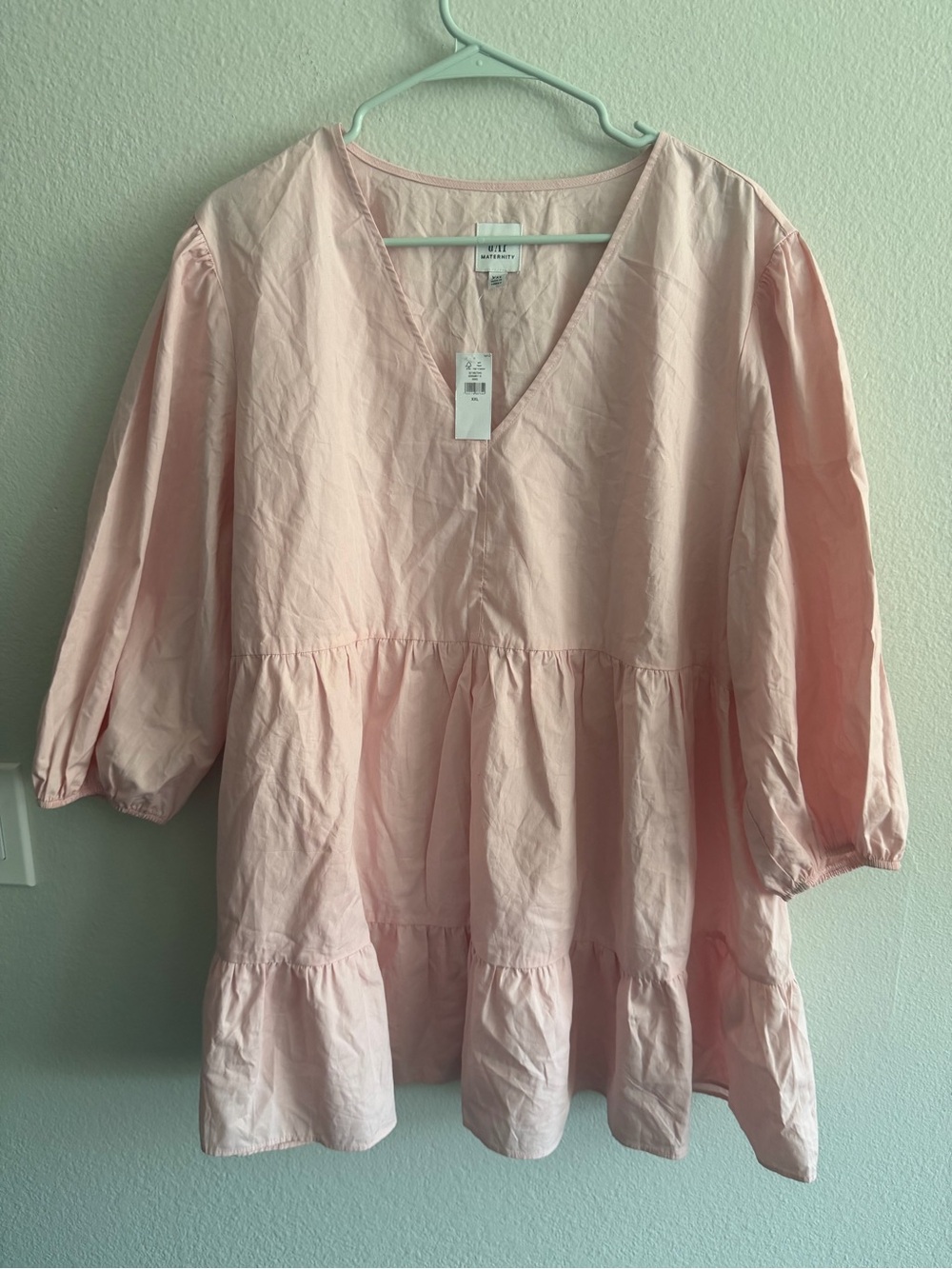 GAP Maternity XXL Blush Pink Poplin 100% Cotton V-Neck Tiered Tunic Dress Flowy